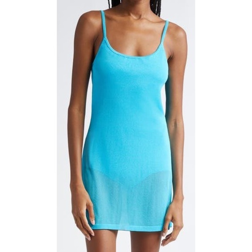 NWT Jacquemus La Robe Maille Roupao Sheer Mini Dress Knit Turquoise Blue Size 34